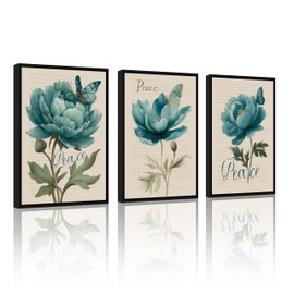 ELSKER&HOME Framed Wall Art,Blue Flower Wall Decor 3 Piece,Peony Floral Canvas Prints with Butterfly for Livingroom Bedroom Bathroom Dining Room,12x16in