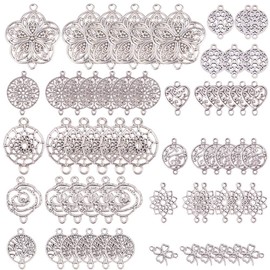 SUNNYCLUE 1 Box 60pcs Assorted Connector Charms Flower Tree of Life Charms Dream Catcher Antique Silver Chakra Heart Linking Connectors Charm for Jewelry Making Charms DIY Craft Supplies Accessories