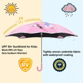 BAODINI Kids UV and Rain Umbrella Sun Protection With Round Edges for Boys Girls Toddlers Easy Grp Curved Handle Stick Umbrella with Reflective Strip