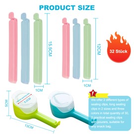 Sealing Clips, Pack of 32, 12/15.5 cm Long Clips for Bags, Sealing Clips with Spout, Bag Clips, Food Freezer Bag Clips, Kitchen Sealing Clip, Reusable Clippers
