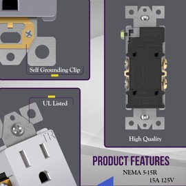 ENERLITES Elite Series Decorator Receptacle, Child Safe Tamper-Resistant Outlet, Self-Grounding, Residential Grade, 15A 125V, UL Listed, 61501-TR-SVWP, Silver with Wall Plate