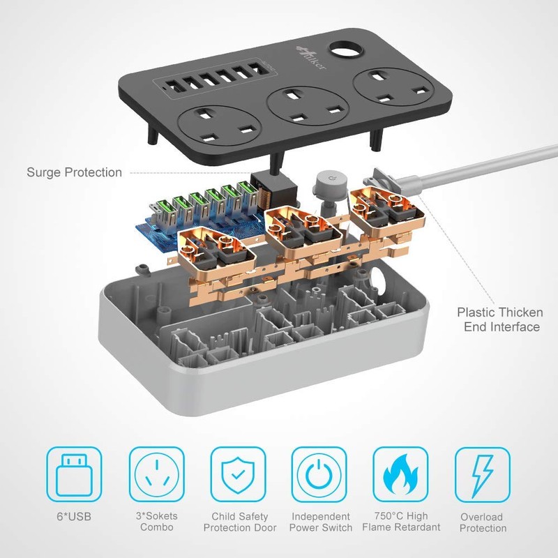 Hulker Power Strips with USB ports 3 Way Outlets 6
