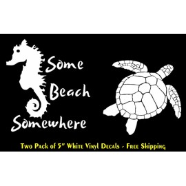 Signage Cafe Some Beach Somewhere Seahorse & Sea Turtle 5" White Vinyl Decal Car Truck Window