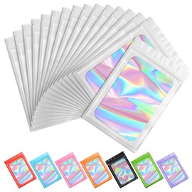 Funfery 100 pcs White Smell Proof Mylar Holographic Bags Packaging Bags,Clear Resealable Odor Proof Bag Foil Pouch Bag for Food Storage,Lipgloss,Jewelry,Eyelash Packaging for Small Business(3x4.7In)