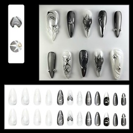 24Pcs Black Cat Eye Almond False Nails Medium, 3D Handmade Press on Nails with Love & Silver Beads Design Glossy Glitter Fake Nails Set, Acrylic Full Cover Stick on Nail for Women Manicure Decoration