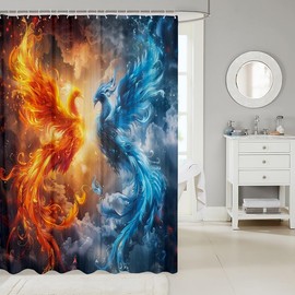 Homewish Phoenix Bathroom Curtain,Fire Ice Animal Shower Curtain for Teens Adults Bathroom Decor,Exotic Tribal Wildlife Waterproof Curtain,Chinese Style Bird Feather Bath Curtain,12 Hooks,72" Wx78 L