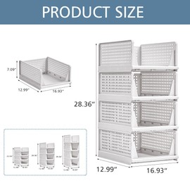 VECELO 4 Pack Plastic Closet Shelf Organizer, Stackable Sweater Storage Closet Drawers, Foldable Wardrobe Organizer, Easy Assembly, Durable and Space Saving for Closet, Bathroom, Kitchen, Gray