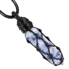 TUMBEELLUWA Hexagonal Blue Spot Crystal Points Pendant Necklace for Unisex Wrapped Stone Wand Pendant with Adjustable Cord