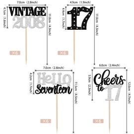24 piezas de decoraciones para magdalenas de feliz cumpleaños 17, estrella 17, Hello Seventeen clásico, 2008, púas para magdalenas, decoraciones de 17 cumpleaños para él 17 cumpleaños, aniversario