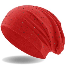 Hatstar Women’s Beanie Hat with Elegant Appliqué Rhinestone Studs, Girls’ Hat Elastic, Long Slouch Beanie, Light and Soft - red