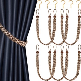 Blulu 6 Pieces Braided Curtain Tiebacks Rope Belt Curtain Ties and 6 Pieces Hooks Metal Tieback Hooks for Window Accessories(Brown and Silver)