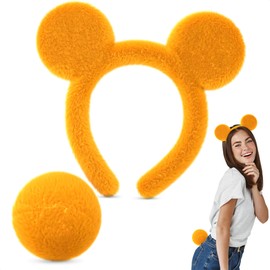 PIKTIME Bear Ears Headband – Soft Yellow Ears Headband & Tail, Bear Costume Adult for Party & Fun Events, Comfortable for Skincare, Charming Gift Option