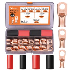 Filluck 40pcs Battery Cable Ends Kit,1/0 AWG 2 AWG 4 AWG Copper Lugs,0 Gauge 00 Gauge Heavy Duty Wire lugs, 3/8" Ring Terminal Connectors with 3:1 Heat Shrink Tube & Storage Box