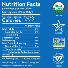 Sunny Fruit Soft Organic Pitted Prunes - 1 Bag (5 Individual Portion Packs) | No Preservatives, No Sugar Added | Healthy, Convenient Dried Plums Snack Packs | ORGANIC, NON-GMO, VEGAN, HALAL, KOSHER