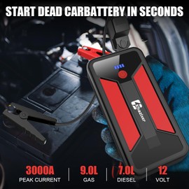 Khazixer ET02 Car Battery Jump Starter 3000A Peak, 12V Lithium Portable Jumper Starter for up to 9.0L Gas and 7.0L Diesel Engines, 12V Battery Jump Starter with Jumper Cable