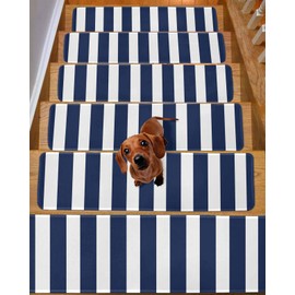 Navy Blue Stripes Stair Treads for Wooden Steps Indoor, Non-Slip Stair Treads Carpet Peel & Stick Self-Adhesive Staircase Step Treads Runner Mat 7 Pack 8x30 Farmhouse White Simple Vertical Striped