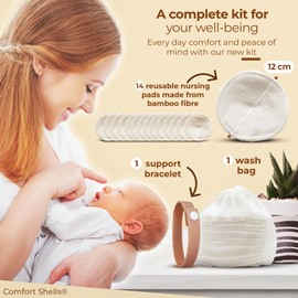 Comfort Shells® Set of 14 Reusable Bamboo Fibre Nursing Pads + Wash Bag + Support Bracelet | Protects & Absorbs Milk Loss | Antibacterial & Hypoallergenic