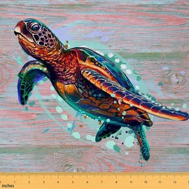 Feelyou Sea Turtle Upholstery Fabric by The Yard, Ocean Reupholstery Fabric for Chairs, Blue Reptile Tortoise Colorful Coastal Nautical Beach Red Decorative Waterproof Outdoor Fabric, 1 Yard,