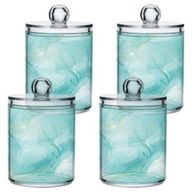 BOENLE 2 Pack Qtip Holder Dispenser Turquoise Marble Bathroom Storage Canister Lid Acrylic Plastic Apothecary Jar Set Vanity Makeup Organizer for Cotton Swabs/Pads/Floss