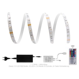 Classic 12 V LED Strip Set 1 m IP20 RGB 30 LED/m 5050 IR Set with 44 Buttons Remote Control and Power Supply