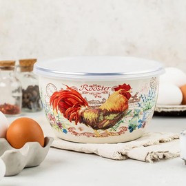 Metalac Enamelware Bowl Gourmet Enameled Steel Bowl with Lid Serving Bowl Mixing Bowl (Golden Rooster, 1.1 L)