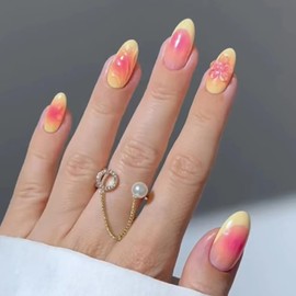 24 Pcs French Tip Press on Nails Short Almond Fake Nails 5D Flower False Nails with Designs Yellow Nail Tips Acrylic Nails Pink Nails Press on Glossy Stick on Nails for Women RIICFDD Nails
