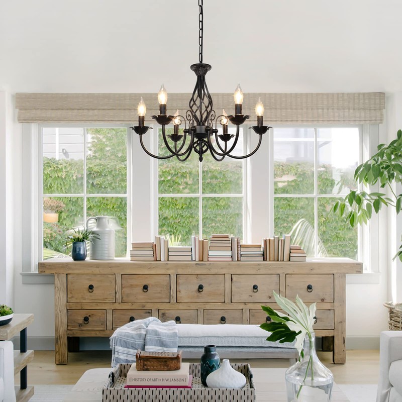 6-Light Farmhouse Candle Chandelier for Living Room, Rustic Industrial Pendant
