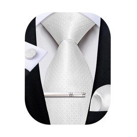 DiBanGu Silk Necktie, Wedding, Pocket Square, Tie Clip, Cufflinks Set, Gift Box Included, white lattice