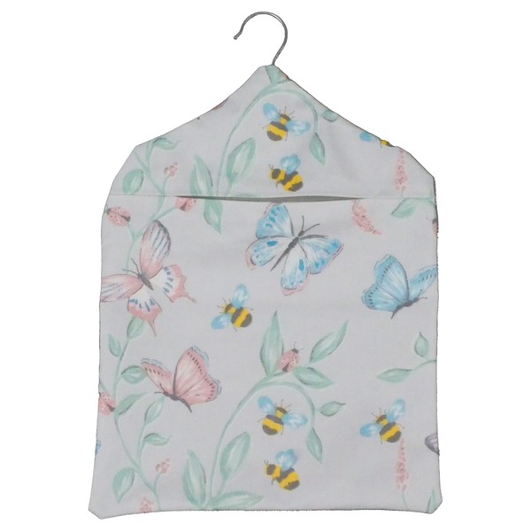 Jolee Fabrics Premium Oilcloth Peg Bags with Wooden Hanger - Large Waterproof Peg Bag, Clothes Clip Storage Perfect for Any Washing Line(Grey Butterflies and Bees)