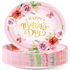50Pcs Mothers Day Oval Paper Plates, Large 10"X12.5" Disposable Happy Mother’s Day Party Decorations, Heavy Duty Dinner Food Plates, Pink Dinnerware Tableware Set for Mothers Day Party Supplies