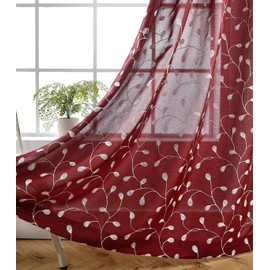 MIUCO Floral Embroidered Semi Sheer Curtains Faux Linen Grommet Window Curtains for Bedrooom 52 x 84 Inch 2 Panels, Burgundy