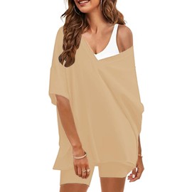 Bufushaoh Women's Oversized 2 Piece Outfits V Neck T-Shirts Biker Shorts Tracksuit Hot Shot Reversible Sets(Khaki,S)