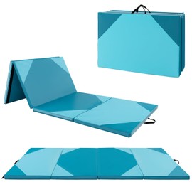 Giantex 4'x10'x 2" Gymnastics Mat, 4-Panel Folding Aerobics Exercise Mat w/Hook & Loop Fastener, Carrying Handle, Portable Tumbling Mat for Stretching Yoga Cheerleading Martial Arts, Light Blue/Blue