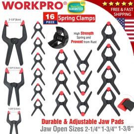WORKPRO 16PCS 3-3/8" 4-1/2" 6-1/2" Nylon Spring Clamp Tips Tool Clip Jaw Opening