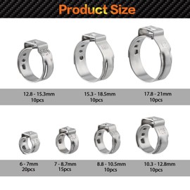 HSEAMALL 85PCS Stainless Steel Single Ear Stepless Hose Clamps,7mm-21mm Pipe Clamp Cinch Rings Fuel Line Clip