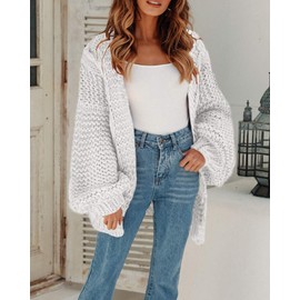 Cicy Bell Women's Open Front Chunky Knit Cardigan Loose Lantern Sleeve Oversized Sweater Coats (White,Medium)