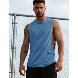 QOSOQ Mens Gym Sleeveless Tank Top Workout Muscle Shirt Cut Open Quick Dry Bodybuilding Vest 1/3 Pack Blue