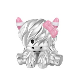 GNOCE Scottish Highland Cow Charm Sterling Silver Charm Bead for Women Girls Wife Daughter Jewelry Gift (Pink Bow)