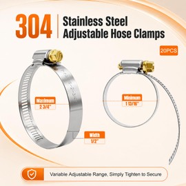 20PCS 304 Stainless Steel Adjustable Hose Clamps, Range 1 13/16" to 2 3/4"