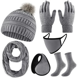 Liitrsh 6 Pcs Winter Hat Scarf Gloves Socks Facemask Ear Warmer Set Knit Beanie Hat with Pom Neck Warmer Warm Socks Facemask(Gray)