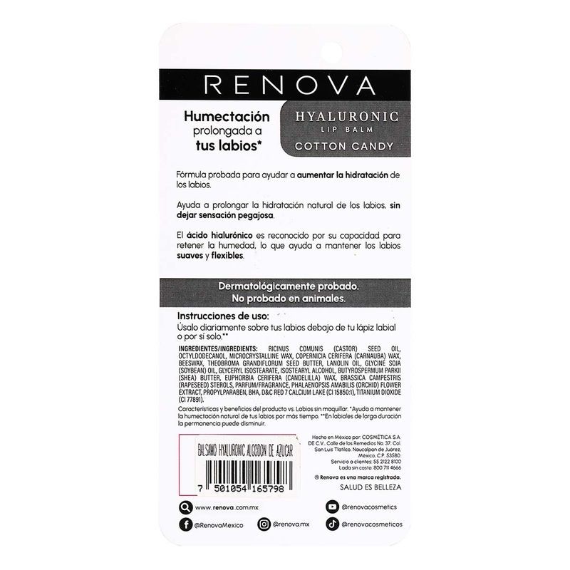 Bálsamo Labial Renova Hyaluronic Cotton Candy 4.8g