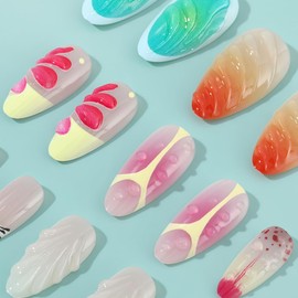 24 Pcs Ombre Press on Nails Short Almond Nail Tips,YEFIUO White Acrylic Nail Kit Fake Nails Press ons Glue on Nail Art Full Cover Artificial Reusable False Nails 3D Water Drop Texture Design for Women