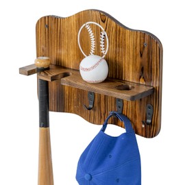 MyGift Baseball and Bat Organizer Display Rack with 3 Metal Hanging Hooks, Wall Mounted Solid Burnt Wood Baseball Holder Shelf for Balls, Bats, Hats