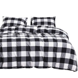 Wake In Cloud - Washed Cotton Duvet Cover Set, Buffalo Check Gingham Plaid Geometric Checker Printed in White Black and Gray, 100% Cotton Bedding, with Zipper Closure (3pcs, Queen Size)