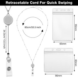 Zonon Retractable Badge Reel Lanyard with ID Holder, 3 Pieces Beaded Badge Lanyard Necklace with 6 Waterproof Name Card Holder Stainless Steel ID Necklace for Women Men(Silver)