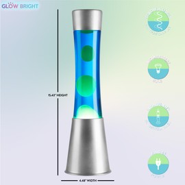 Glow Bright 15.43" Cylinder Glow Lamp with Silver Base, Blue Liquid and Green Wax, Novelty Lamp and Home Décor for Adults, Teens and Kids