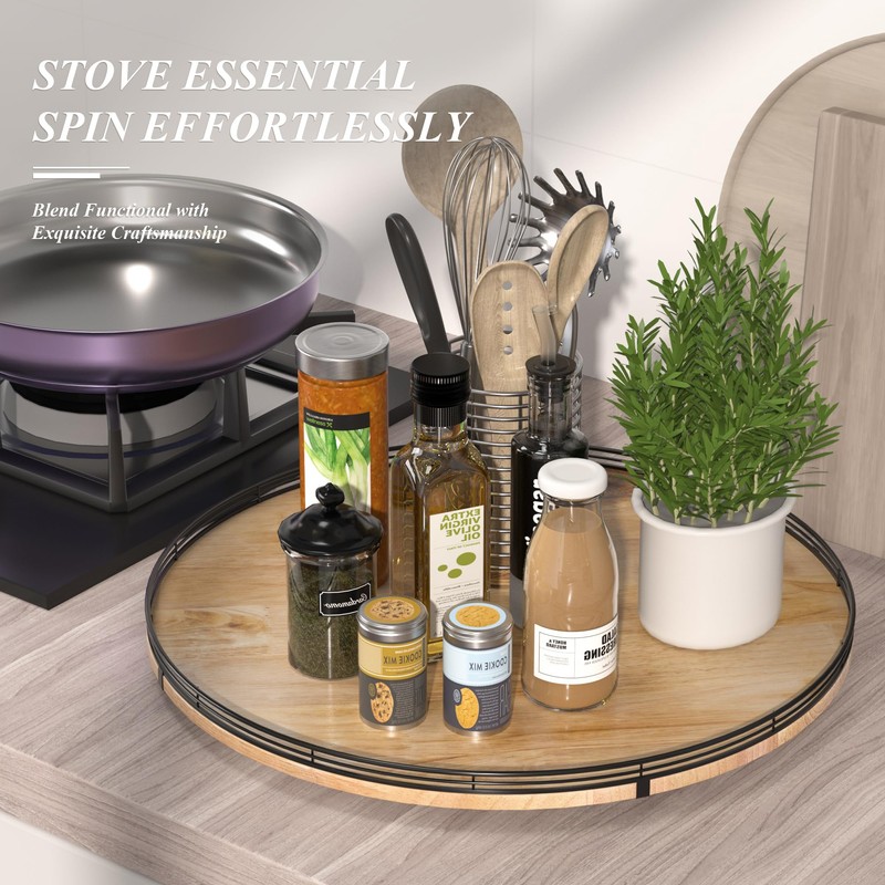 24" Lazy Susan Oak Wood Turntable Organizer for Cabinet, Farmhouse