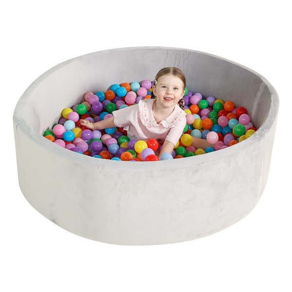 TrendBox 47inch Extra Large Memory Foam Ball Pit for Baby, Coral Fleece Toddler Soft Round Ball Pool - Light Grey