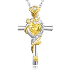 November Birthstone Citrine Jewelry Cross Rose Necklace for Women Sterling Silver Gold Cross Pendant Rose Flower Necklaces Wedding Anniversary Birthday Gifts for Women