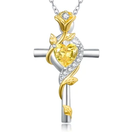 November Birthstone Citrine Jewelry Cross Rose Necklace for Women Sterling Silver Gold Cross Pendant Rose Flower Necklaces Wedding Anniversary Birthday Gifts for Women